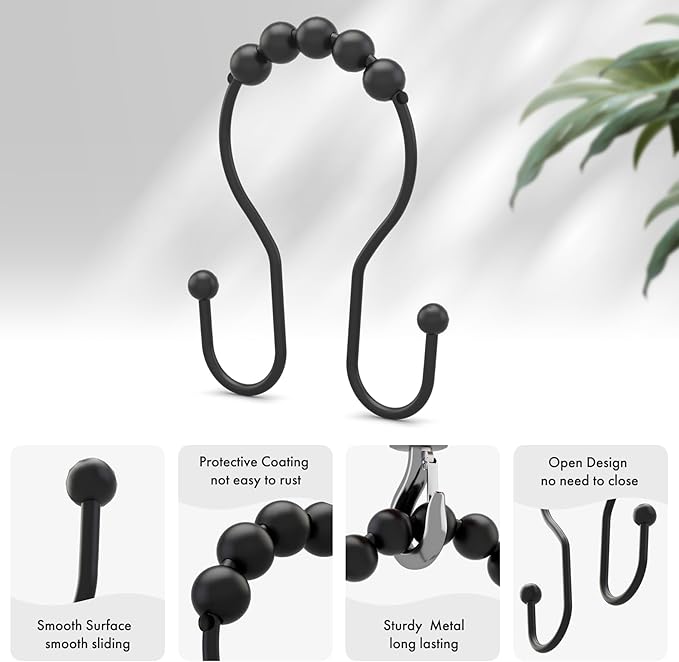 AmazerBath Shower Curtain Hooks Black Shower Curtain Rings, Metal Shower Curtain Hooks Rust Proof, Smooth Glide Double Shower Hooks Rings for Shower Curtain, Shower Rod Hooks 12Pcs