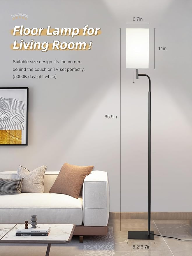 Floor Lamps for Living Room with 3 Color Temperatures, Modern Standing Tall Lamp for Bedroom, Square Linen Shade, Minimalist Pole Lamp for Office Kids Room Working Reading