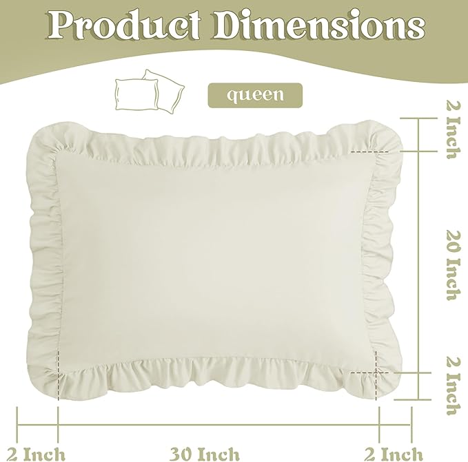 KKJIAF Ruffle Pillow Cases Queen Size Set of 2, Ruffled Pillow Covers with Envelope Closure, Wrinkle Resistant Ruffled Pillow Shams 20" x 30", Beige