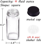 Churboro 36 Spice Jars with 547 Labels- Glass Spice Jars with Black Metal Caps, 4oz Empty Spice Containers with Shaker Lids, Funnel, Chalk Pen, Square Seasoning Bottles for Spice Rack, Drawer, Cabinet
