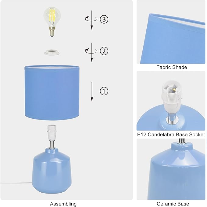 Lampwell Lena Modern Ceramic Bedside Lamp for Living Room & Bedroom, Kids Night Light, 7.09H12.99IN, Light Blue