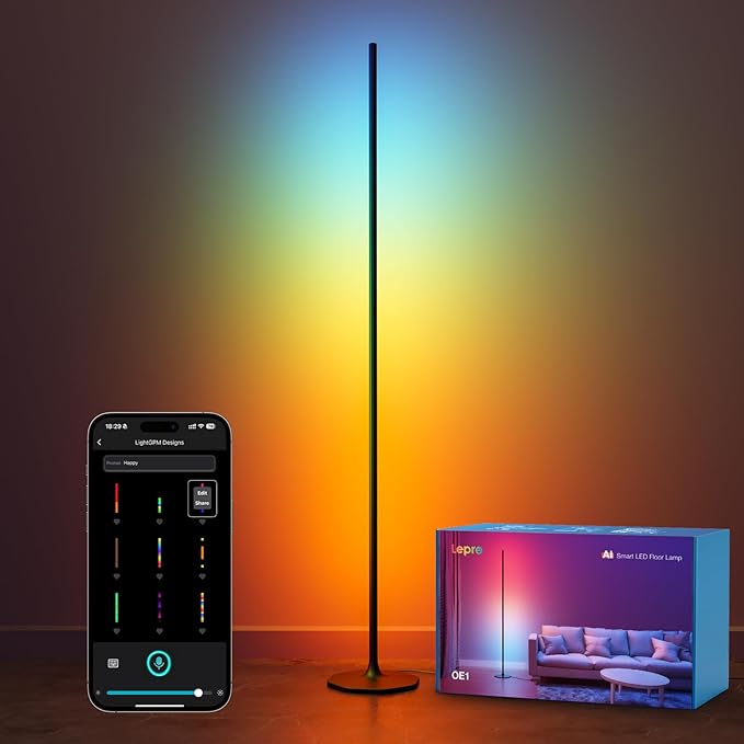 Lepro OE1 AI Smart Floor Lamp, RGBICW Corner Light with Music Sync, Alexa Compatible, Personalized AI Lighting Designer, Modern LED Standing Lamp for Living Room/Bedroom, 1000LM, 2.4G WiFi, No Remote