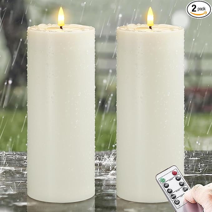 Waterproof Flickering Plastic Flameless with Cycle Timer & Remote Control, Pack of 2 Fake Battery Operated Candle Grease Outdoor Pillar LED Candles (Ivory, 4" x10")