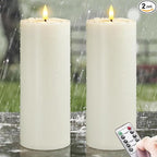 Waterproof Flickering Plastic Flameless with Cycle Timer & Remote Control, Pack of 2 Fake Battery Operated Candle Grease Outdoor Pillar LED Candles (Ivory, 4" x10")