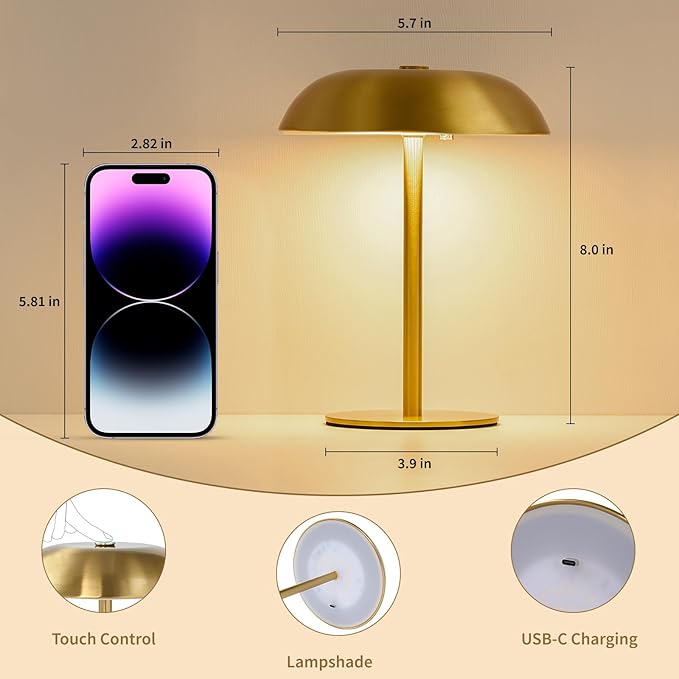 Cordless Mushroom Table Lamp, 2500mAH Rechargeable Battery Operated Lamp with 3 Color Stepless Dimming, Portable Touch Bedside Lamps for Bedroom, Nightstand, Patio, Office, Party, Bar, Gold