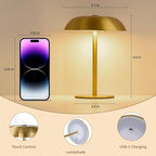 Cordless Mushroom Table Lamp, 2500mAH Rechargeable Battery Operated Lamp with 3 Color Stepless Dimming, Portable Touch Bedside Lamps for Bedroom, Nightstand, Patio, Office, Party, Bar, Gold