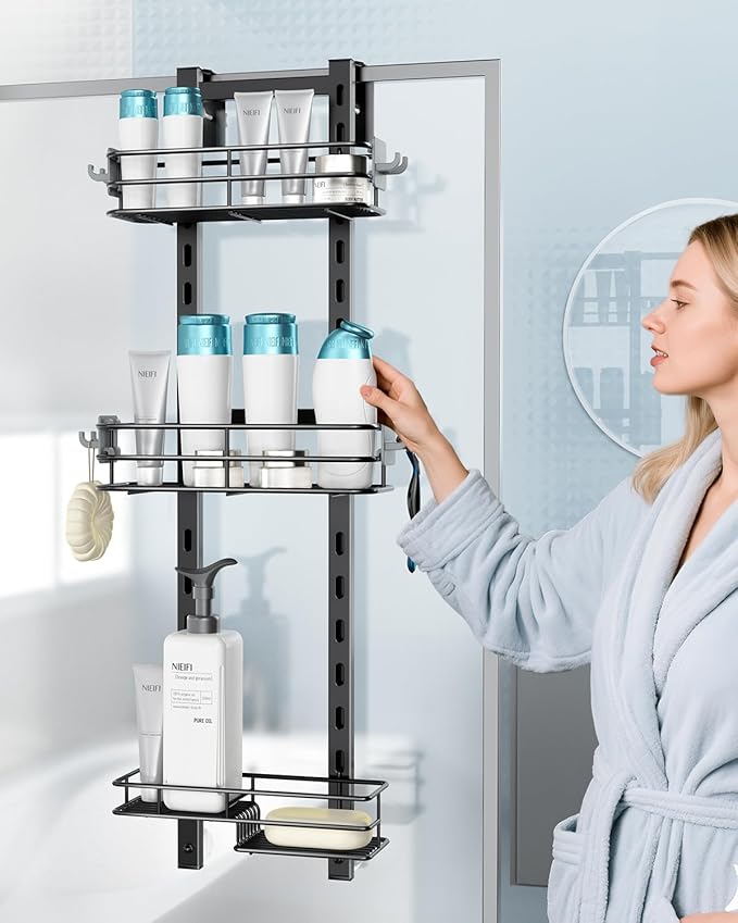 Nieifi Over the Door Shower Caddy, Adjustable 3 Tier Hanging Shower Organizer with Soap Holder Bathroom Shelves with Hooks, Black