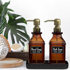 Soap Dispenser - 2 Pack, Antique Design Thick Amber Glass Hand Soap Dispensers with Sturdy Tray; 304 Rust Proof Stainless Steel Black Pump, 12Pcs Stickers, for Kitchen, Bathroom - Brushed Gold