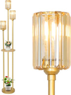 HMVPL Gold Standing Lamp with Shelf, Vintage Floor Lamp for Living Room, Retro Floor Lamp with Table, Mid Century Tall Lamp with Amber Crystal Shade, On/Off Switch, Brass Boho Corner Lamp for Bedroom