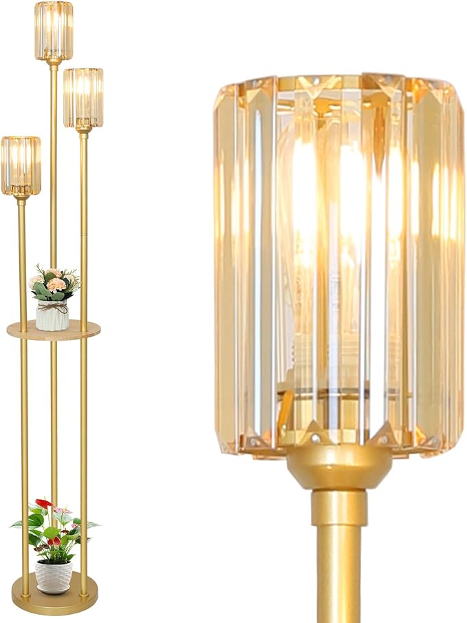 HMVPL Gold Standing Lamp with Shelf, Vintage Floor Lamp for Living Room, Retro Floor Lamp with Table, Mid Century Tall Lamp with Amber Crystal Shade, On/Off Switch, Brass Boho Corner Lamp for Bedroom