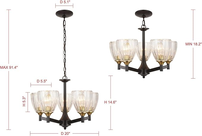 20" Chandelier for Dining Room, Brown Finish, 5 Light Hanging Chandelier for Living Room, Entryway, Bathroom and Bedroom EH1502C5