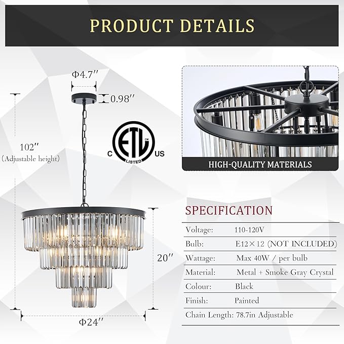 24”Modern Black Crystal Chandeliers Ceiling Round Smoke Gray Crystal Chandelier Luxury 4-Tier 12 Lights Pendant Light Fixture Contemporary for Dining Room Foyer Staircase Living Room
