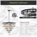 24”Modern Black Crystal Chandeliers Ceiling Round Smoke Gray Crystal Chandelier Luxury 4-Tier 12 Lights Pendant Light Fixture Contemporary for Dining Room Foyer Staircase Living Room