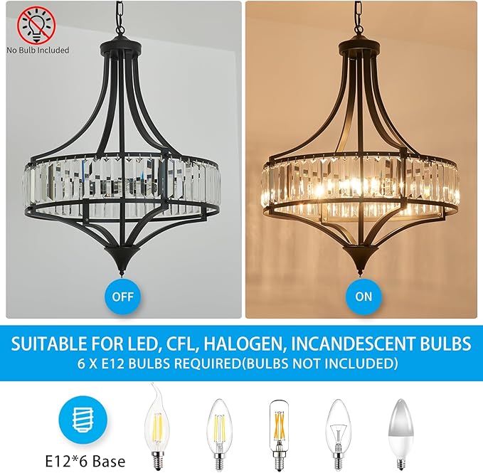 XINGQI Black Crystal Chandeliers for Dining Room, 21.6" Large Rustic Farmhouse Chandelier with Round Metal Shade, 6-Light Dining Room Light Fixture for Kitchen Island Hallway Bedroom