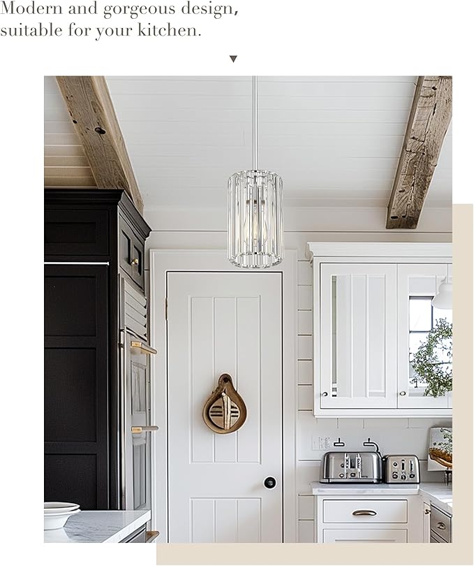 Polished Chrome Crystal Pendant Light, Modern Hanging Light Fixture, Mini Chandelier for Kitchen Dinning Room Bedroom, CKPL5510-1P-PC