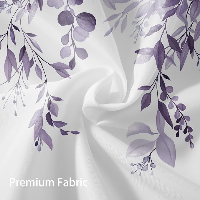 Eucalyptus Shower Curtain, Light Purple Watercolor Leaves with Floral Botanical Bathroom Decor, Waterproof Fabric Bath Curtain Set with Hooks, 72x78 Inches