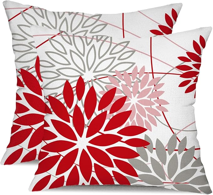 Red and Pink Grey Floral Pillow Covers 20x20 Set of 2 Outdoor Waterproof Decorative Throw Pillows Valentines Pillow Covers Polyester Cushion Case Decor for Couch Patio Funiture Garden Porch 01X20