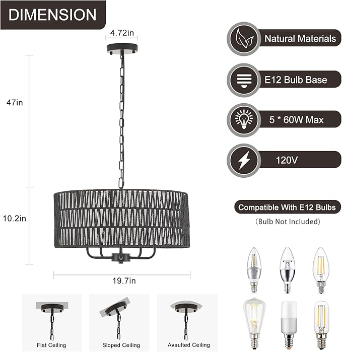 Boho Hand-Woven Black Rattan Chandelier with Linen Vintage Farmhouse Bamboo Drum Chandeliers Light Fixture Modern Wicker Rattan Chandelier for Dining Room, Kitchen, Living Room