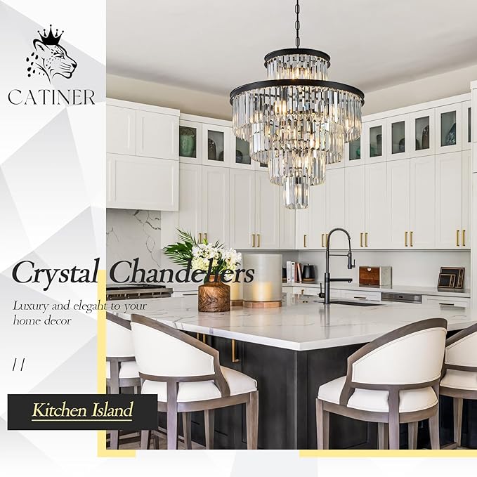 24" Modern Crystal Chandelier 15 Lights Black Pendant Light Fixture Luxury 5-Tier K9 Crystals Chandelier Contemporary Round Pendant Lighting for Dinning Room Living Room Foyer Kitchen