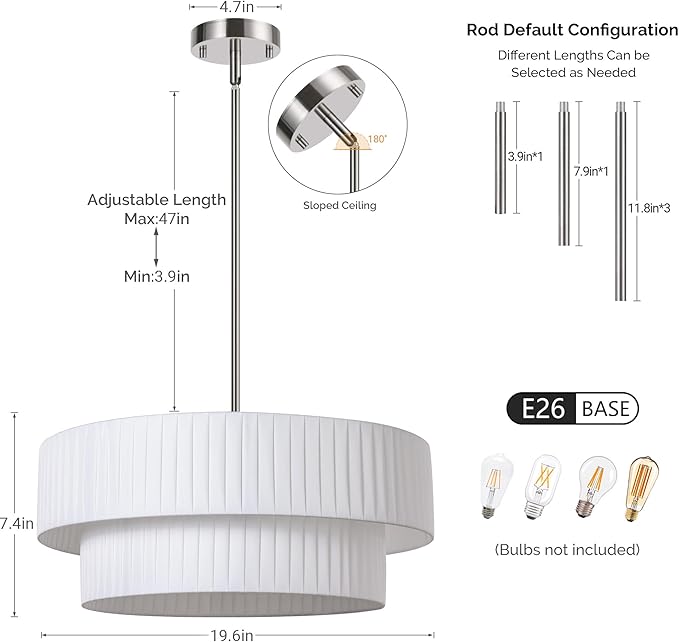 LamQee Fabric Chandelier, Curve Double Layer Ceiling Light Fixture with Adjustable Fabric Shade Modern Pendant Light (Drum-Nickel)