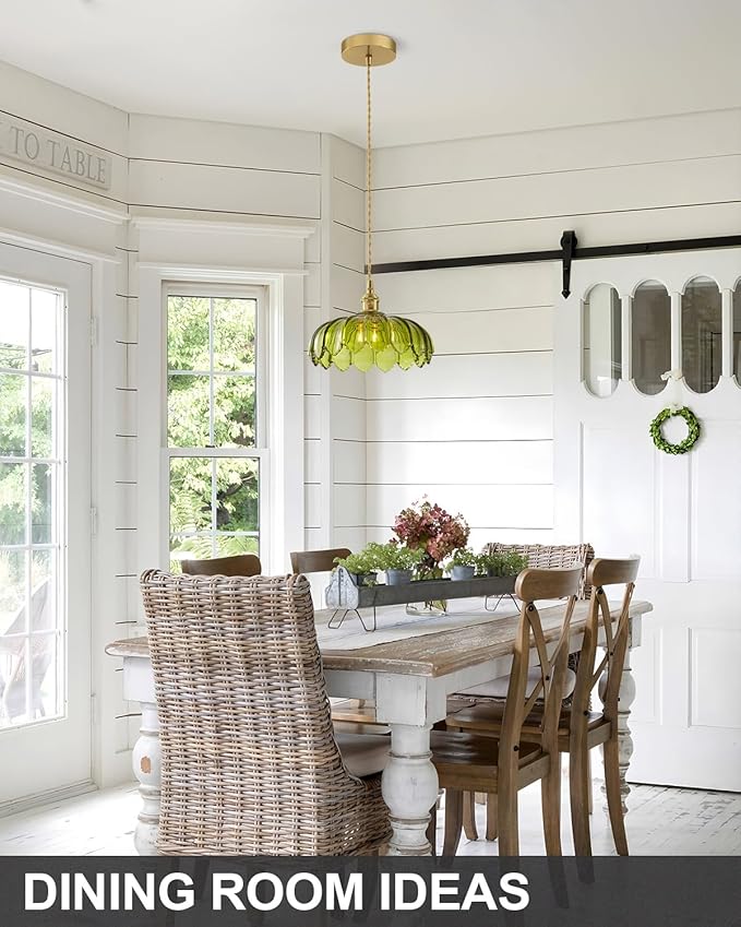 Vintage Glass Pendant Light，Green Flower Ceiling Pendant Light，Gold Adjustable Hanging Wire for Kitchen Island Dining Room Bedroom Hallway (10Inch - Green(D))