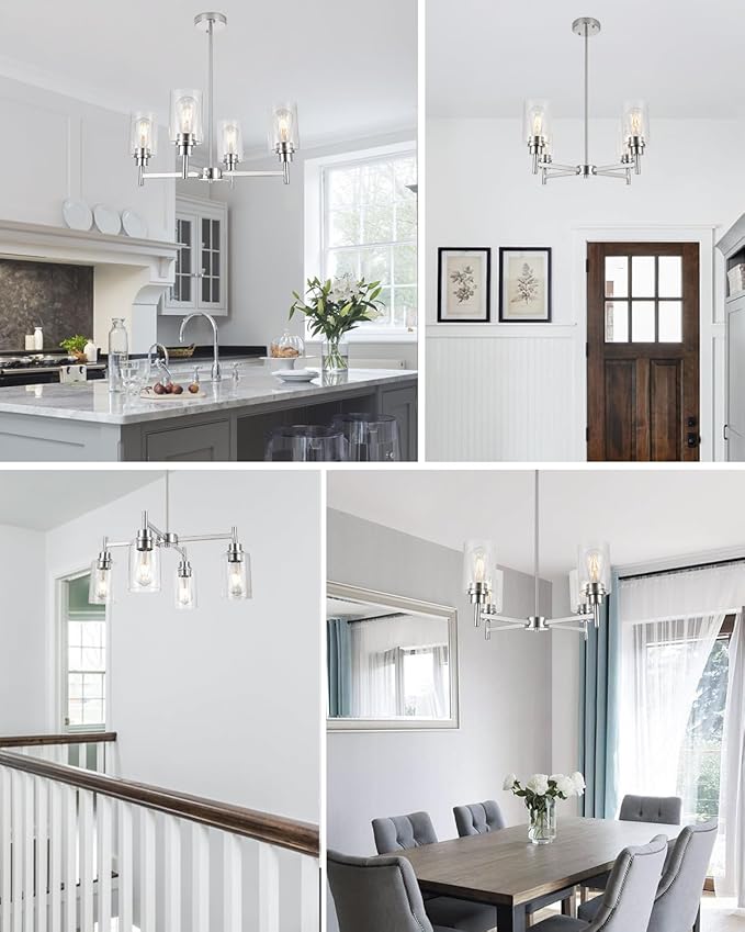 Brushed Nickel Chandeliers for Dining Room Farmhouse Chandelier Fixture with Clear Glass Shades 4 Light Kitchen Island Lighting Pendant Light Fixture for Dining Room Living Room Bedroom