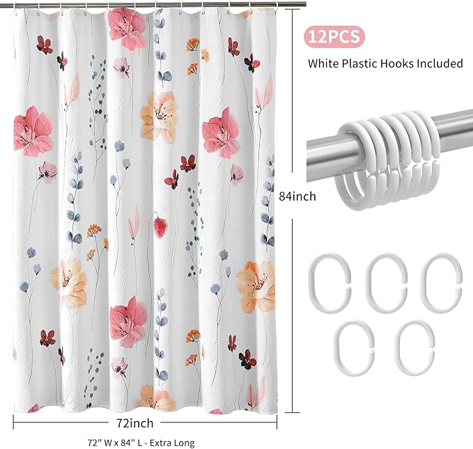 QiyI Extra Long Shower Curtain 72 x 84, Modern Watercolor Floral Bath Curtain, 3D Embossed Texture Peach Pink Flower Cloth Bathroom Curtains, Waterproof Fabric Farmhouse Shower Curtain Set with Hooks