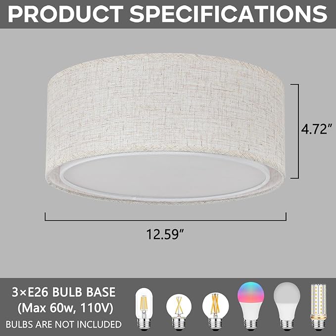Luupyia 12.59 Inches Fabric Drum Ceiling Light Fixture, 3-Lights White Simple Semi Flush Mount Ceiling Lights with Double Fabric Shade, Drum Overhead Lighting for Bedroom Hallway E26, 60W