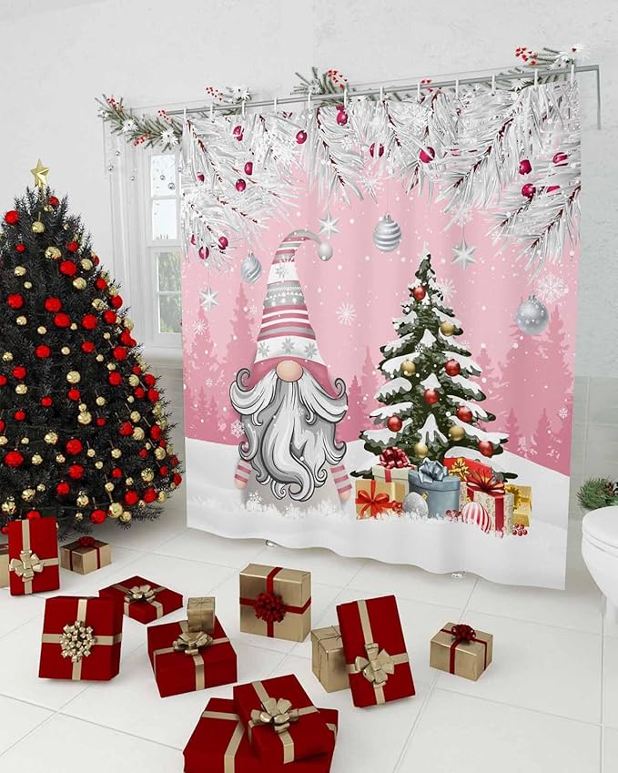 Vandarllin Christmas Gnome Shower Curtain, Winter Merry Christmas Tree Balls Shower Curtains Set with Hooks, Pink Waterproof Fabric Bathroom Curtains Decor Home Accessories,Stall 48 X 72 Inch