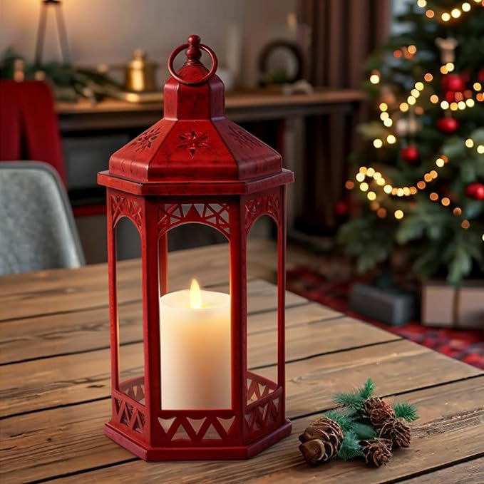 LED Hexagon Lantern with Flameless LED Candle, Unique Shape and Pattern to Give an Upscale Garden Party Vibe. Suitable for Home & Outdoor Usage,Special Event or Wedding.Battery Powered (Red)