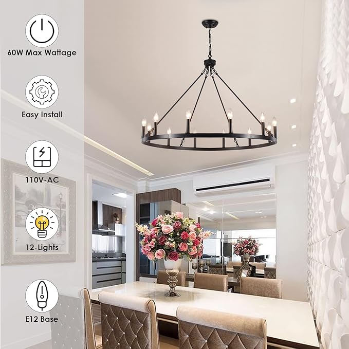 Black Wagon Wheel Chandelier 12-Light Farmhouse Chandelier for Living Room 38" Round Rustic Industrial Hanging Light Fixture for Dining Room Foyer Hallway Kitchen Island