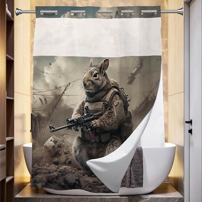 Cute Squirrel Shower Curtain Abstract Anime Theme Shower Curtain with Snap in Fabric Liner Set, Detachable Liner, See Through Mesh Top Window, Waterproof Washable 72" W x 74" H