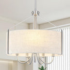 5-Light Drum Chandelier for Dining Room 18" Farmhouse Pendant Light with Linen Lampshade – Brushed Nickel Chandelier for Kitchen Island, Living Room, Bedroom, Entryway & Foyer