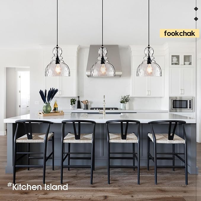 Hammered Glass Pendant Light for Kitchen Island Black Pendant Hanging Light 10inch Large Glass Pendant Lights for Kitchen Sink Dining Room Hallway Entrance, 10in, E26
