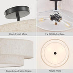 Modern Semi Flush Mount Ceiling Light 18" Modern 3-Lights Black Drum Ceiling Lighting Fixture with Linen Shade Vintage Ceiling Lamp for Kitchen, Basement, Laundry Room, Bedroom
