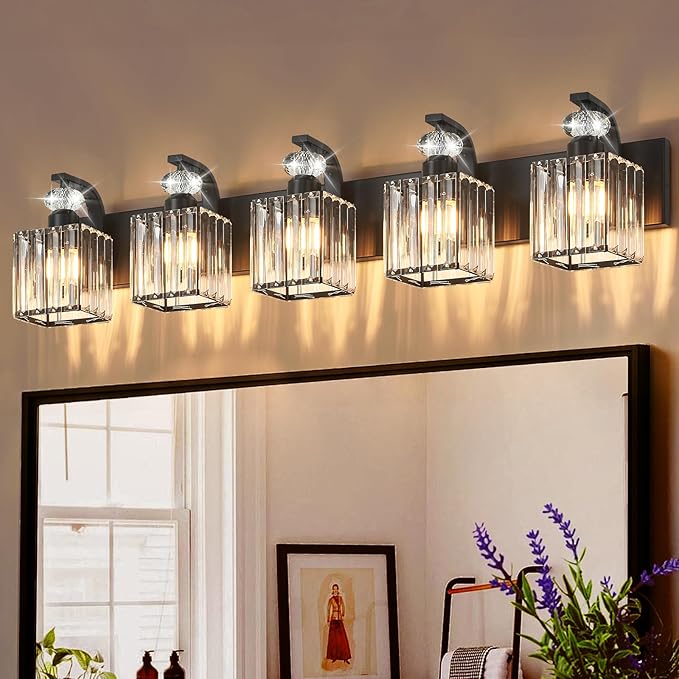 Modern Bathroom Vanity Light, 5-Light Black Bathroom Lighting Fixtures Over Mirror, 36.3" Crystal Wall Light Sconce for Bathroom/Bedroom/Vanity, Includes LED Bulbs, Easy Installation