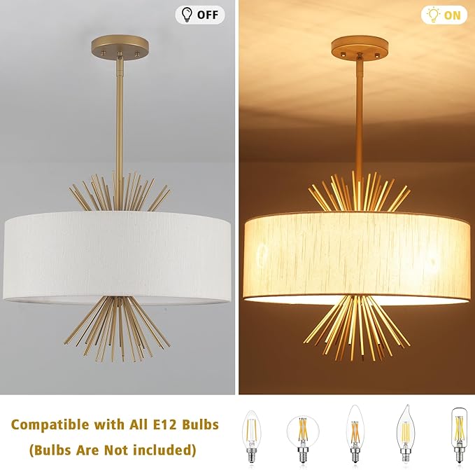 Drum Chandelier, 17.71” Gold Chandelier Farmhouse Pendant Light Fixture 4-Light with White Linen Shade, Adjustable Height Chandeliers for Dining Room Kitchen Living Room Bedroom, UL-Listed
