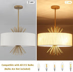 Drum Chandelier, 17.71” Gold Chandelier Farmhouse Pendant Light Fixture 4-Light with White Linen Shade, Adjustable Height Chandeliers for Dining Room Kitchen Living Room Bedroom, UL-Listed