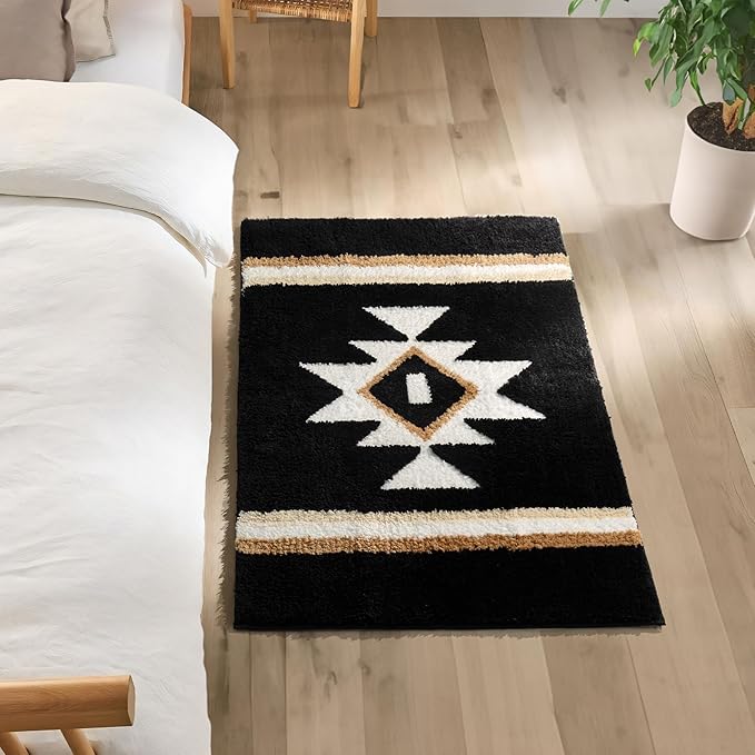 Boho Bathroom Rugs Black Bath Mat Non Slip Soft Absorbent Western Geometric Bath Rug Luxury Plush Floor Mat for Farmhouse Bathroom Shower Kitchen Modern Decor 24x36