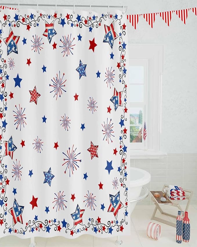4th of July Shower Curtain, Patriotic Stars Fireworks Shower Curtains Set with Hooks, Red White and Blue Independence Day Waterproof Fabric Bathroom Curtains Decor Home Accessories,72 X 78 Inch Long