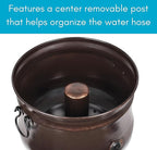 BIRDROCK HOME Water Hose Holder - Decorative Metal Pot, Indoor or Outdoor, Garden Storage Organizer, Patio Portable Bucket - Distressed Bronze, Holds up to 200ft Hoses, Large with Lid