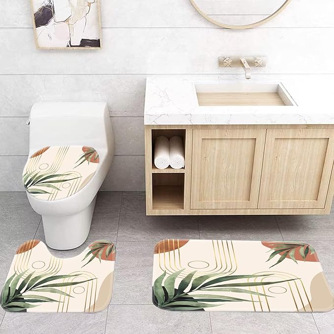 Boho Sage Green Shower Curtain Sets with Rugs 70.8Wx70.8L, Bathroom Set Bohemian with Non-Slip Rug, Toilet Lid Cover, U-Shaped Mat, Greenery Shower Curtain Boho Bathroom Shower Curtain Set