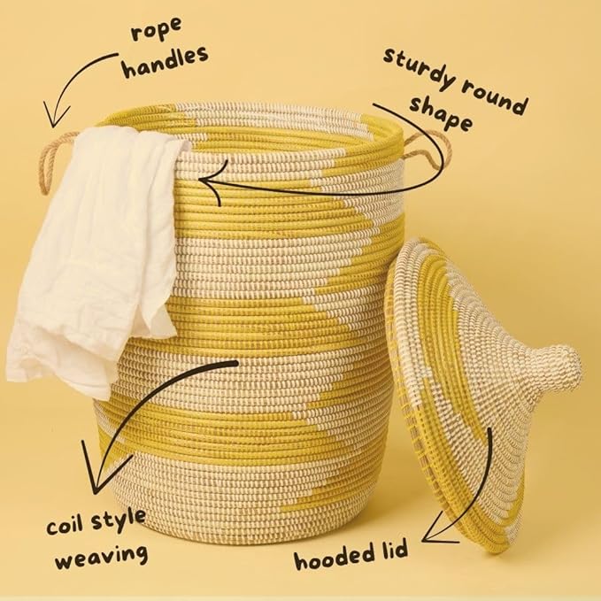 Yellow White Decorative Wicker Basket Set, 3pcs - Organize Bedroom, Living Room, Nursery - Laundry Hamper, Toy Bin, Blanket Storage - Decorative, Boho Style - Wicker, Woven, Lid, Handles