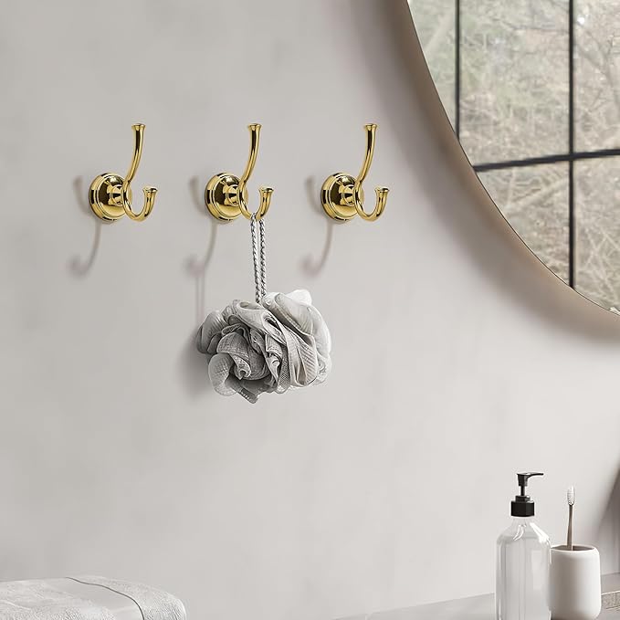 TUNNY Towel Hook Bathroom-2 Pack Shiny Gold（PVD-Gold） Double Robe/Towel Hook Wall Mounted Hook for Bathroom Bedroom Kitchen