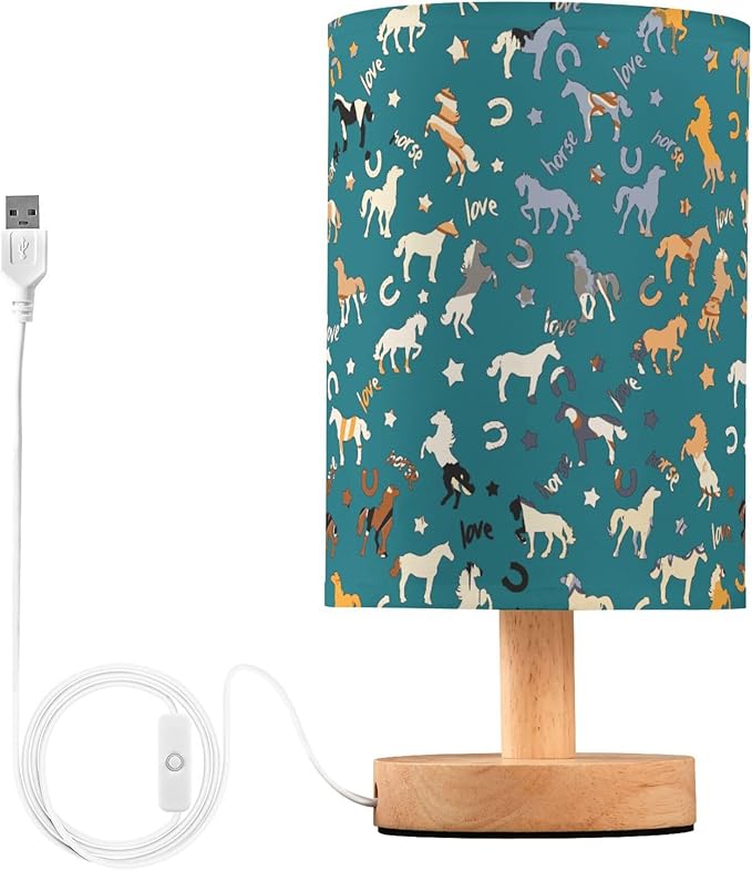 Table Lamp Horse Pattern Colorful Star Horseshoes Letter Nightstand Lamp with Wood Base Fabric Lamp Shade Bedside Desk Lamp for Living Room Bedroom Kids Room Office