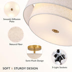 16" Double Drum Gold 3-Light Semi Flush Mount Ceiling Light, Classic Fabric Linen Shade Design for Living Room, Bedroom, Kitchen, Dining Room, Hallway and Entryway