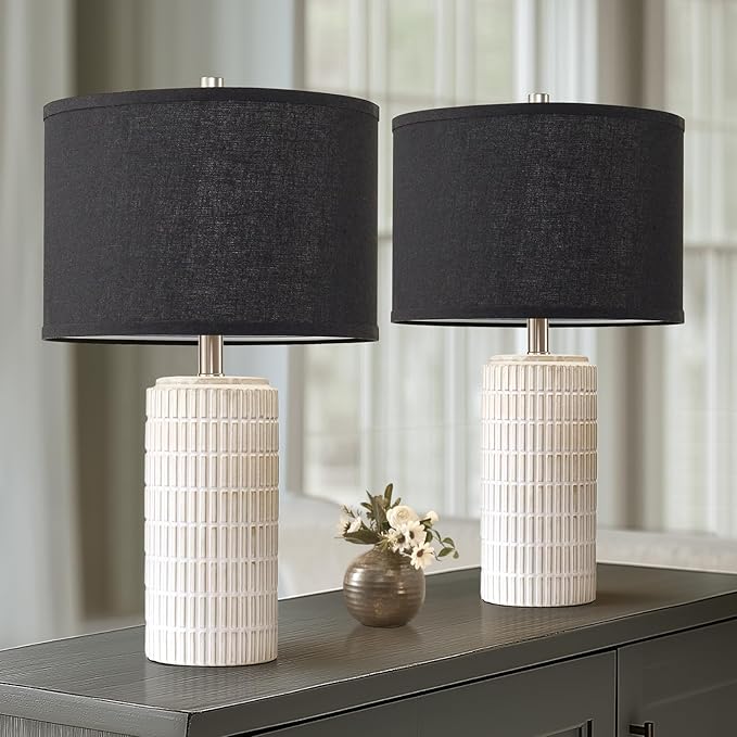 23'' Set of 2 Modern Ceramic Table Lamps, Minimalist Bedside Lamp, Rustic Nightstand End Table Lamp for Bedroom, Living Room, Study Room, Office, 2 LED Bulbs Included (Black)