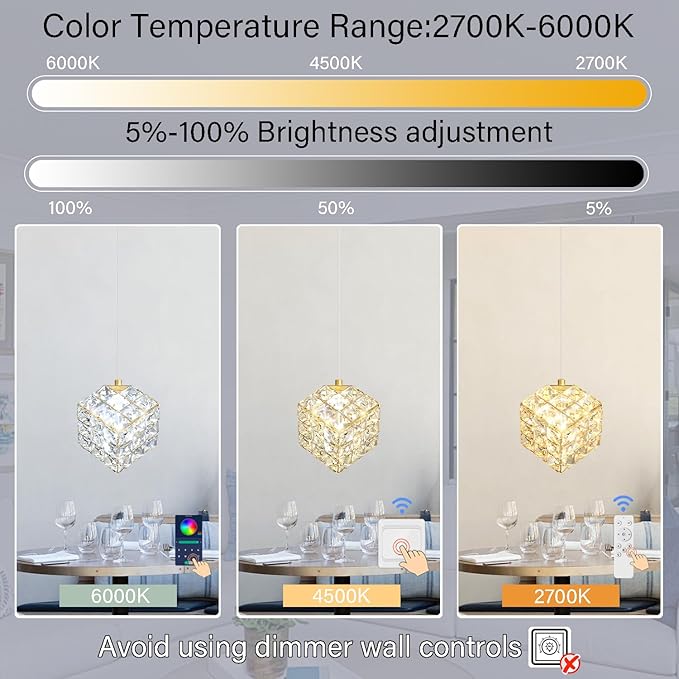 1-Light Modern Gold Pendant Light Fixtures for Kitchen Island Small Hanging Crystal Chandelier for Bedroom Entryway Living Room Foyer Hallway LED Dimmable Chandeliers for Dining Room