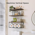 Amada Bathroom Shelves Over Toilet with Storage Basket, Floating Bathroom Wall Shelves for Home Organization & Wall Decor, Bathroom/Kitchen/Living Room Shelves–Rustic Brown