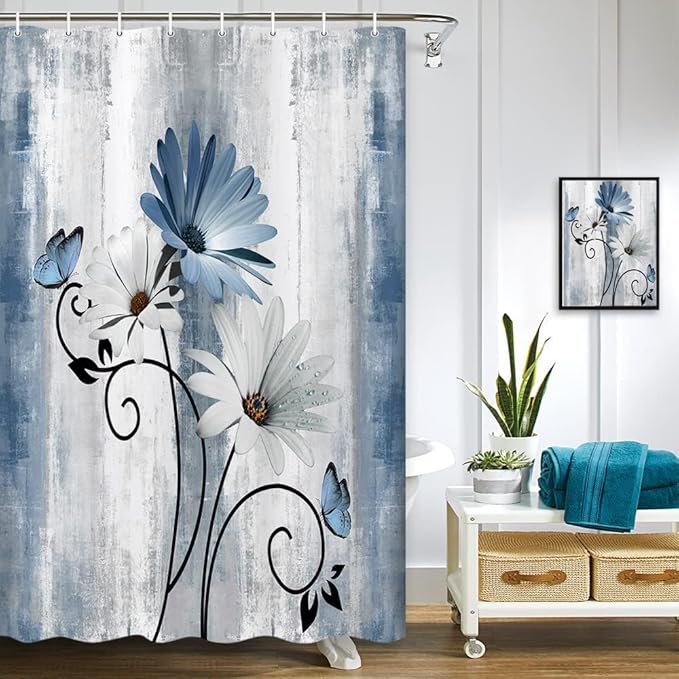 Rustic Farmhouse Shower Curtain, Farm Blue Daisy Floral Flowers and Butterfly on Country Wooden Shower Curtain for Bathroom, Turquoise Blue Bathroom Shower Curtains with 6PCS Hooks, 36X70IN